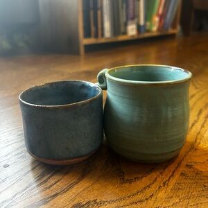 Handcrafted Wheelthrown Small Ceramic Mug/Cup Set - Blue and Green